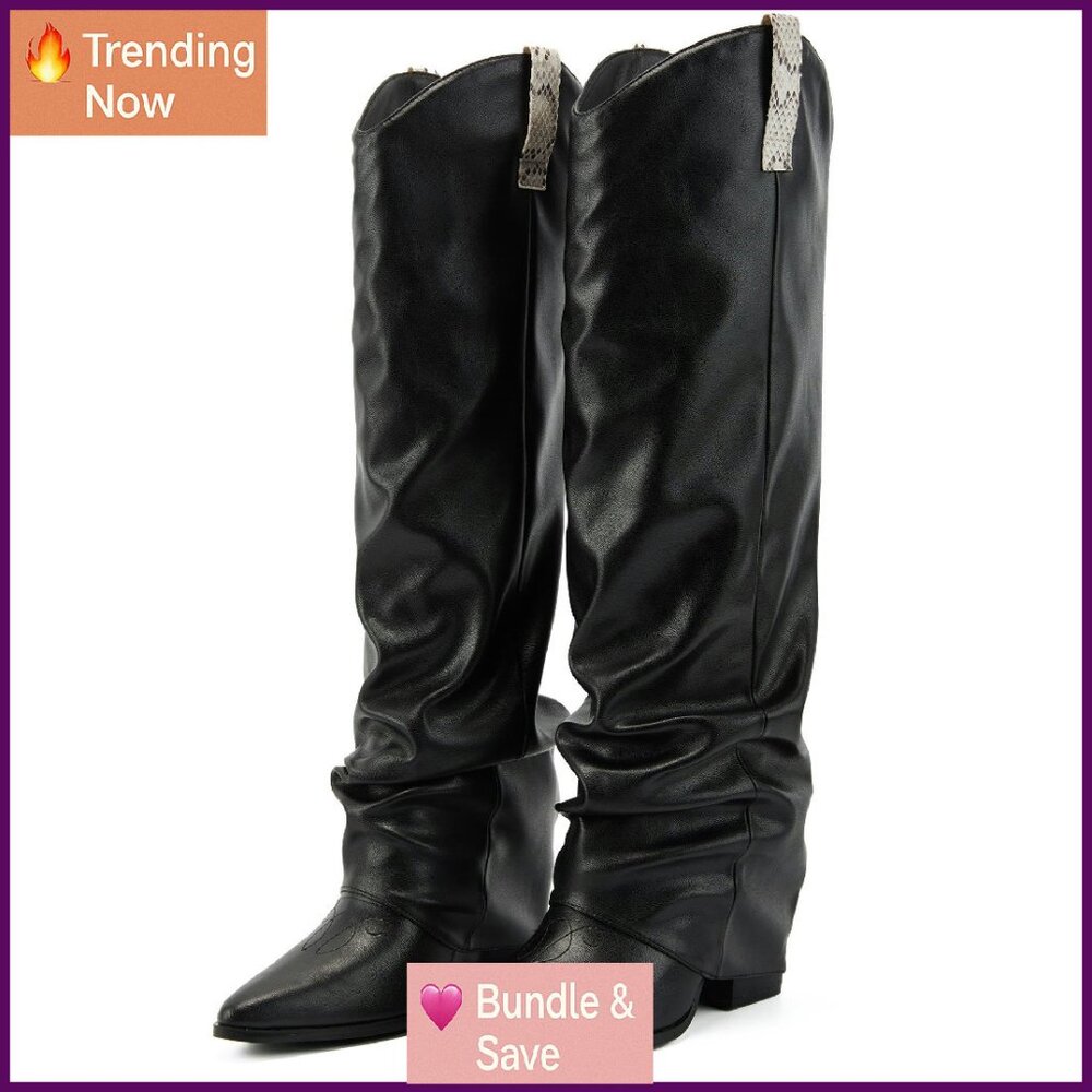 Knee High Fold Over Cowboy Boots Chunky Heel Tall Western Boots